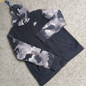 Nike Boys Full Zip Hoodie Camo Sleeves Black Grey Fleece Sweatshirt Large L